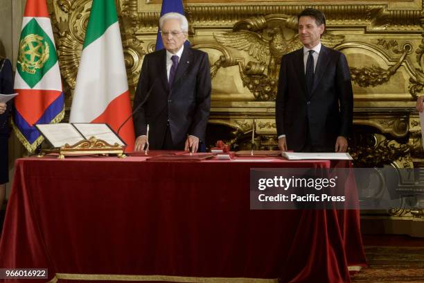 Italian President Sergio Mattarella and Premier Giuseppe Conte attend the swearing in ceremony of the new Italian government at the Quirinale...