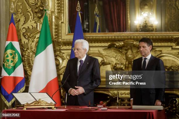 Italian President Sergio Mattarella and Premier Giuseppe Conte attend the swearing in ceremony of the new Italian government at the Quirinale...