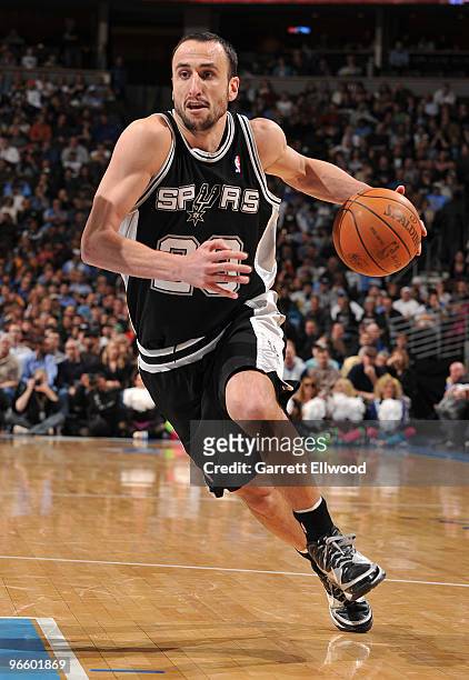 Manu Ginobili of the San Antonio Spurs goes to the basket against the Denver Nuggets on February 11, 2010 at the Pepsi Center in Denver, Colorado....