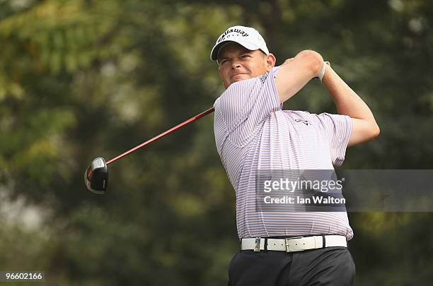 David Drysdale of Scotland in action during Round Two of the Avantha Masters held at The DLF Golf and Country Club on February 12, 2010 in New Delhi,...