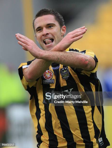 Tim Brown of the Phoenix celebrates his goal during the round 27 A-League match between the Wellington Phoenix and the Central Coast Mariners at...