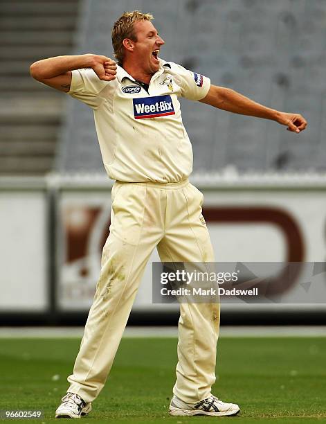 Damien Wright of the Bushrangers celebrates the wicket of Dominic Thornley of the Blues during day one of the Sheffield Shield match between the...