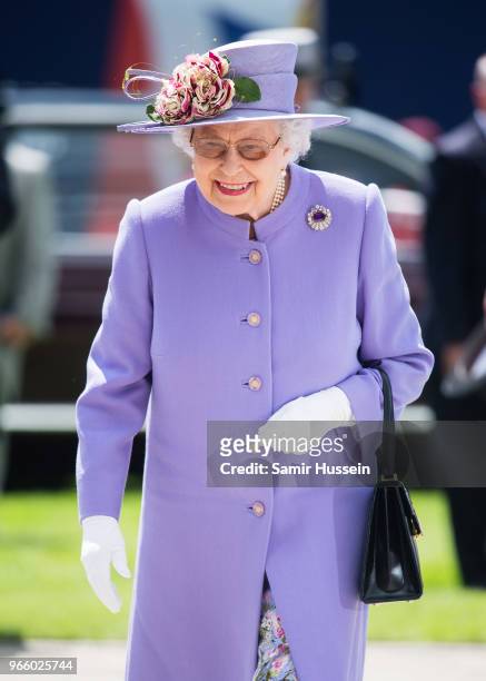 Queen Elizabeth II attends the Epsom Derby at Epsom Racecourse on June 2, 2018 in Epsom, England.