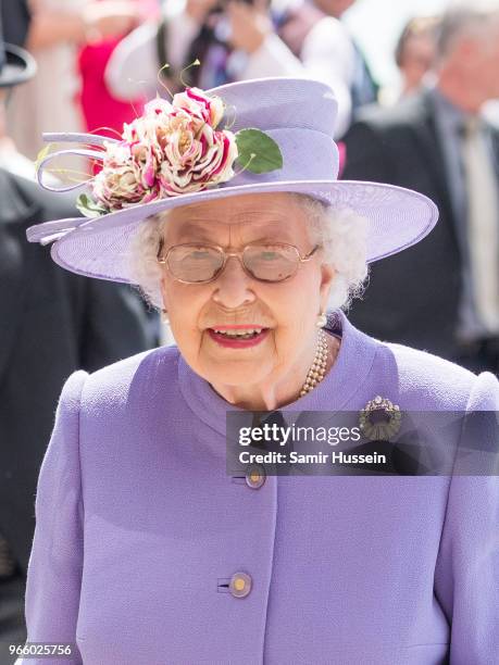 Queen Elizabeth II attends the Epsom Derby at Epsom Racecourse on June 2, 2018 in Epsom, England.