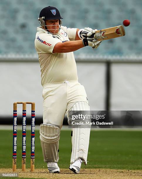 Daniel Smith of the Blues plays a hook shot during day one of the Sheffield Shield match between the Victorian Bushrangers and the New South Wales...