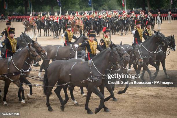 Soldiers on horseback during the Colonel's Review, which is the final rehearsal for Trooping the Colour, the Queen's annual birthday parade, in...