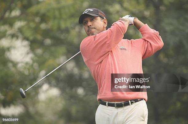 Jeev Milkha Singh of India in action during Round Two of the Avantha Masters held at The DLF Golf and Country Club on February 12, 2010 in New Delhi,...