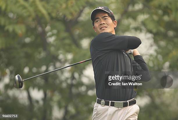 Wen-Chong Liang of China in action during Round Two of the Avantha Masters held at The DLF Golf and Country Club on February 12, 2010 in New Delhi,...