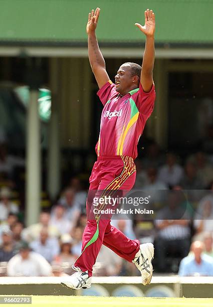 Dwayne Smith of the West Indies appeals for the wicket of Adam Voges of Australia during the Third One Day International match between Australia and...