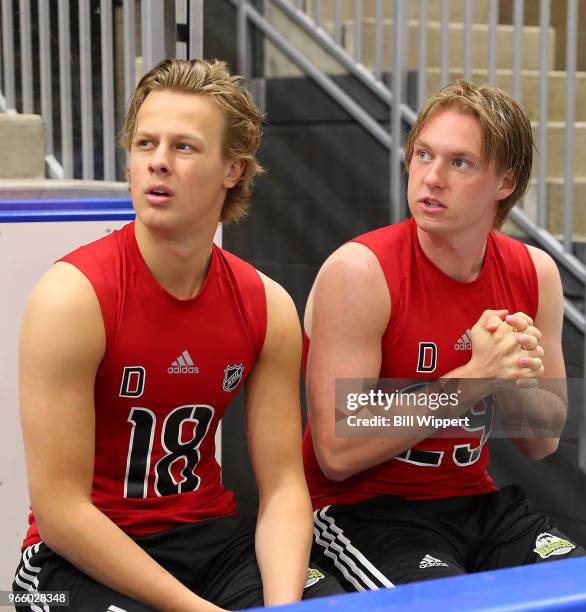 Adam Boqvist and Rasmus Sandin look on as they await their turns during the NHL Scouting Combine on June 2, 2018 at HarborCenter in Buffalo, New York.