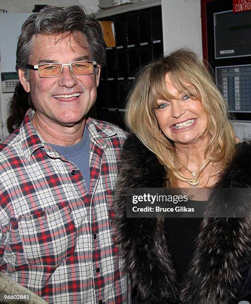 Kurt Russell and Goldie Hawn pose backstage at the hit play "Race" on Broadway at The Barrymore Theater on February 11, 2010 in New York City.