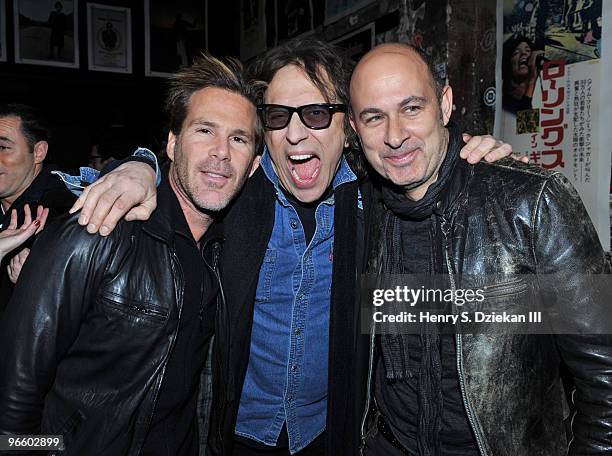 Scott Lipps, Photographer Mick Rock and Designer John Varvatos attend a fashion week party hosted by John Varvatos and L'Uomo Vogue at 315 Bowery on...