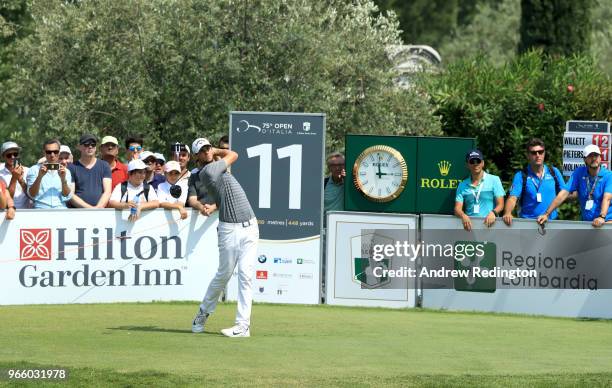 Thomas Pieters of Belgium tees off on the 11th hole during day three of the Italian Open on June 2, 2018 in Brescia, Italy.