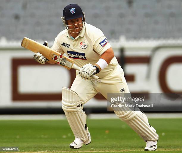Daniel Smith of the Blues sets off for a quick single during day one of the Sheffield Shield match between the Victorian Bushrangers and the New...