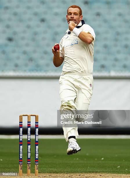 Andrew McDonald of the Bushrangers bowls during day one of the Sheffield Shield match between the Victorian Bushrangers and the New South Wales Blues...
