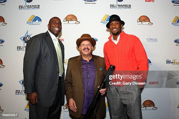 Legend Earvin "Magic" Johnson, Radio Personality Tom Joyner, and NBA Legend Alonzo Mourning pose for a photograph during Zo and Magic's 8-Ball...