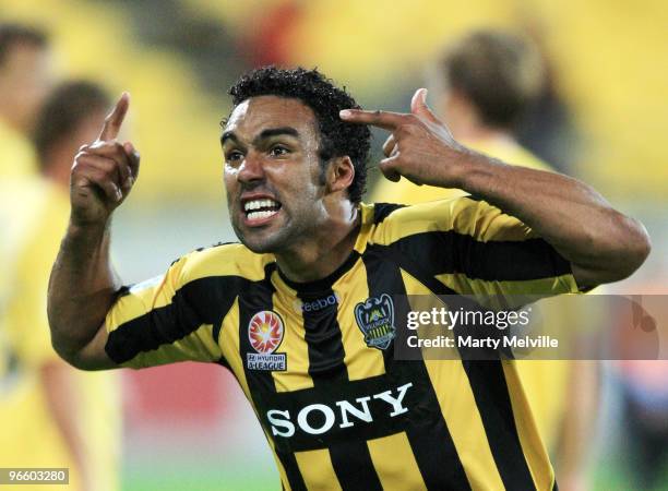 Paul Ifill of the Phoenix celebrates his goal during the round 27 A-League match between the Wellington Phoenix and the Central Coast Mariners at...