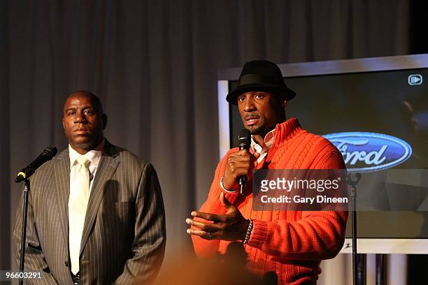Legends Earvin "Magic" Johnson and Alonzo Mourning address the press during Zo and Magic's 8-Ball challenge on February 11, 2010 at Centennial Hall...