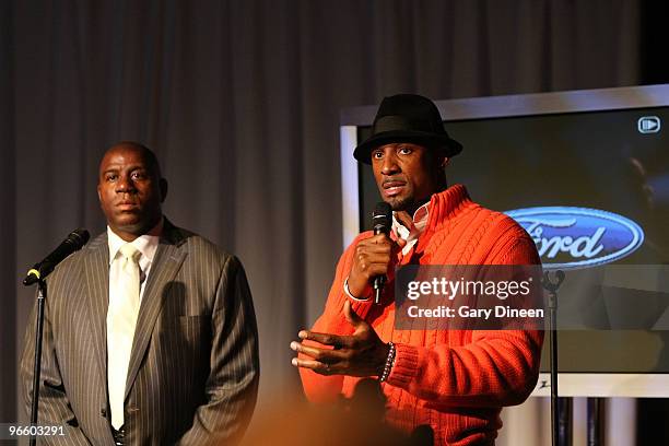 Legends Earvin "Magic" Johnson and Alonzo Mourning address the press during Zo and Magic's 8-Ball challenge on February 11, 2010 at Centennial Hall...