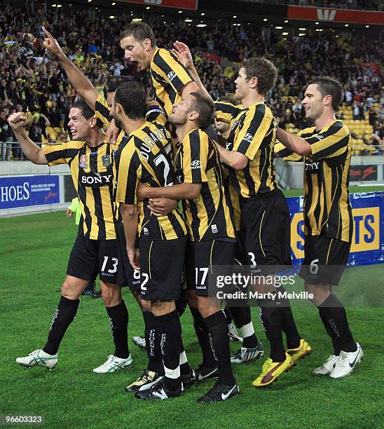 The Phoenix celebrate Paul Ifill's goal during the round 27 A-League match between the Wellington Phoenix and the Central Coast Mariners at Westpac...