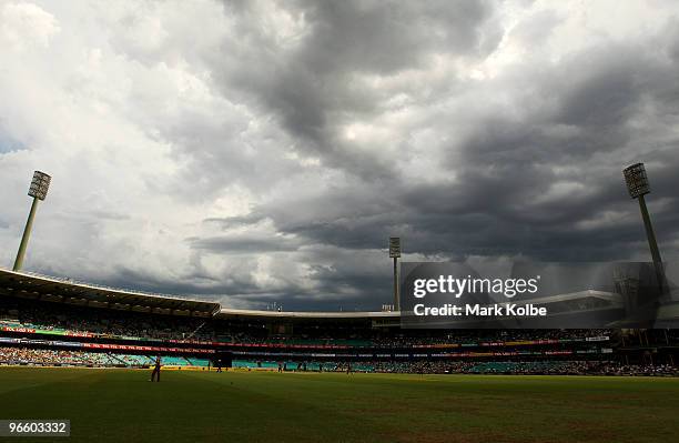 Storm clouds gather over the ground during the Third One Day International match between Australia and the West Indies at Sydney Cricket Ground on...