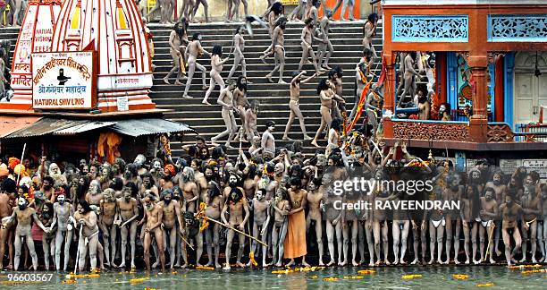 Indian Naga Sadhus - Holy Men - bathe at Har-ki-Pauri in the River Ganges in Haridwar on February 12 during the First Shahi Snan - Royal Bath - on...