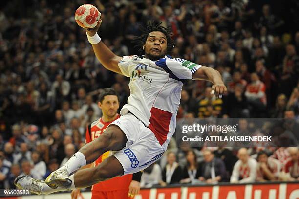 France's Cedric Sorhaindo jumps to shoot at Icelandic goal on January 30 during the EHF EURO 2010 Handball Championship semi-final Iceland vs. France...