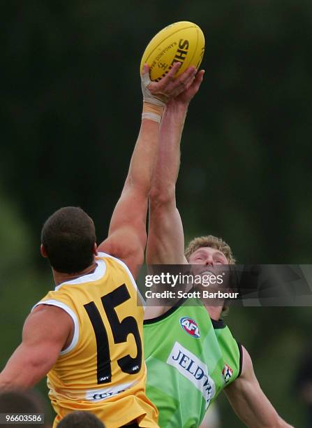 Michael Gardiner and Ben McEvoy contest the ball during the St Kilda AFL Intra-Club Match held at Linen House Oval on February 12, 2010 in Melbourne,...