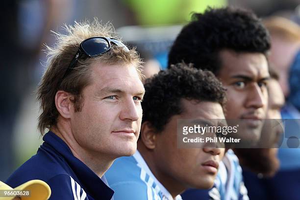 Ali Williams of the Blues sits on the bench during the round one Super 14 match between the Blues and the Hurricanes at North Harbour Stadium on...