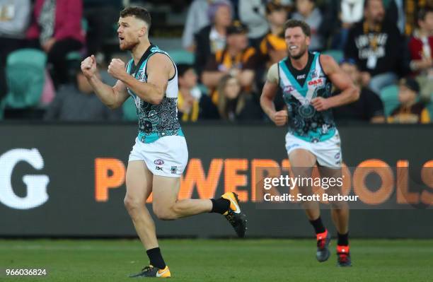 Robbie Gray of the Power celebrates after kicking a goal during the round 11 AFL match between the Hawthorn Hawks and the Port Adelaide Power at...