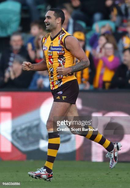 Shaun Burgoyne of the Hawks celebrates after kicking a goal during the round 11 AFL match between the Hawthorn Hawks and the Port Adelaide Power at...