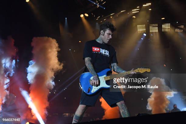 Fedez performs on stage at San Siro on June 1, 2018 in Milan, Italy.