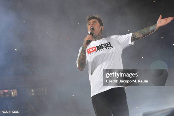 Fedez performs on stage at San Siro on June 1, 2018 in Milan, Italy.