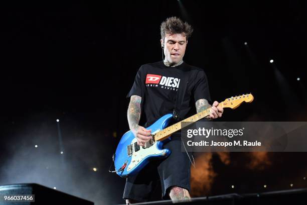 Fedez performs on stage at San Siro on June 1, 2018 in Milan, Italy.