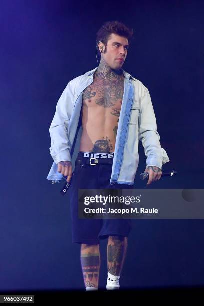 Fedez performs on stage at San Siro on June 1, 2018 in Milan, Italy.