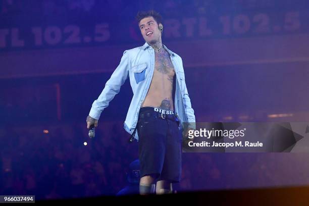 Fedez performs on stage at San Siro on June 1, 2018 in Milan, Italy.