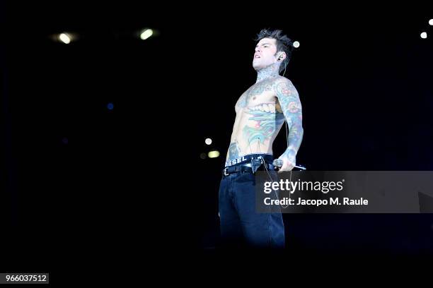 Fedez performs on stage at San Siro on June 1, 2018 in Milan, Italy.