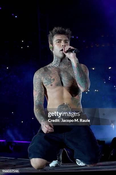 Fedez performs on stage at San Siro on June 1, 2018 in Milan, Italy.