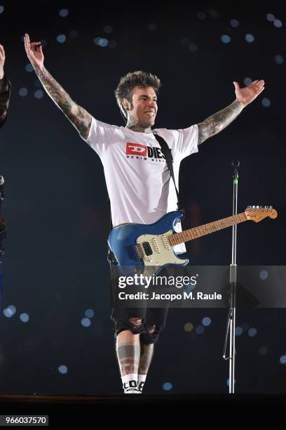 Fedez performs on stage at San Siro on June 1, 2018 in Milan, Italy.