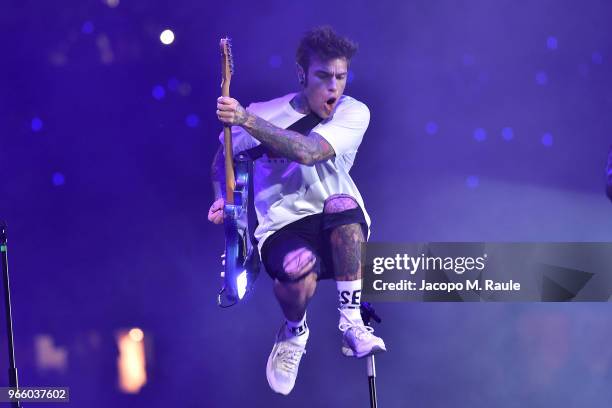 Fedez performs on stage at San Siro on June 1, 2018 in Milan, Italy.