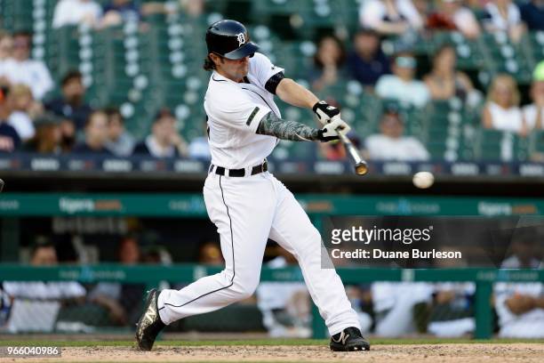 Pete Kozma of the Detroit Tigers bats against the Chicago White Sox at Comerica Park on May 26, 2018 in Detroit, Michigan.