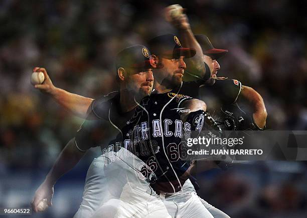 Jason Simontacchi of Leones del Caracas of Venezuela pitches in this multiple exposure during a Caribbean Series match against Indios de Mayaguezof...