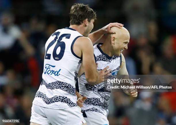 Tom Hawkins and Gary Ablett of the Cats celebrate during the 2018 AFL round 11 match between the Gold Coast Suns and the Geelong Cats at Metricon...