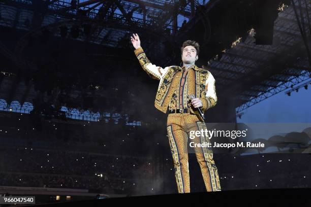 Fedez performs on stage at San Siro on June 1, 2018 in Milan, Italy.