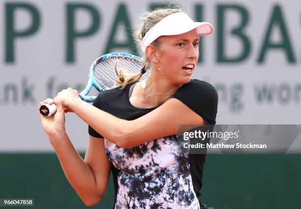 Elise Mertens of Belgium plays a backhand during her ladies singles third round match against Daria Gavrilova of Australia during day seven of the...