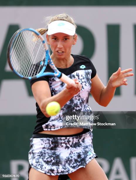 Elise Mertens of Belgium plays a forehand during her ladies singles third round match against Daria Gavrilova of Australia during day seven of the...