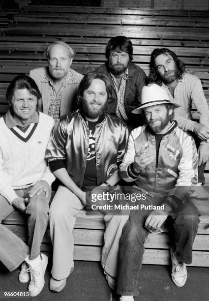 American pop group The Beach Boys, Olso, Norway, 1982. Back row, left to right: Mike Love, Brian Wilson and Dennis Wilson . Front row, left to right:...