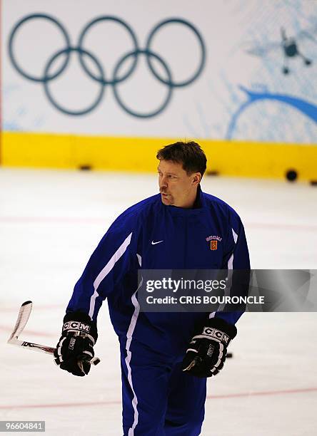 Finland's ice hockey head coach Jukka Jalonen attends a practice session at the Canada Hockey Place in Vancouver two days before the opening of the...