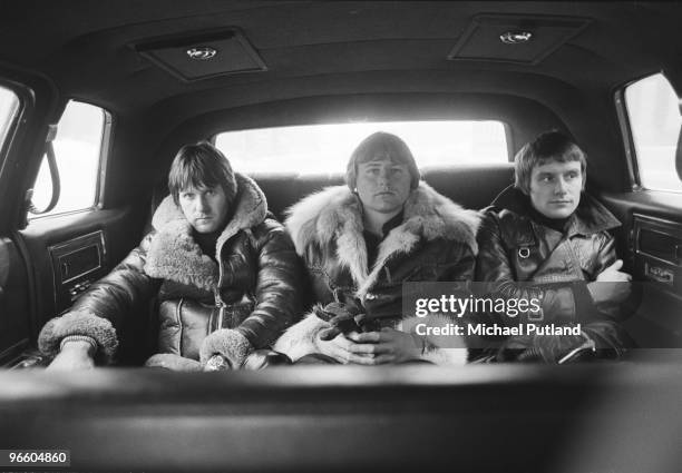 English progressive rock group Emerson Lake and Palmer returning from rehearsals for the band's 'Works' tour, at the Olympic Stadium, Montreal,...