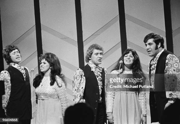 English pop vocal group Brotherhood of Man performing on BBC TV's Young Generation Show, London, 1970.